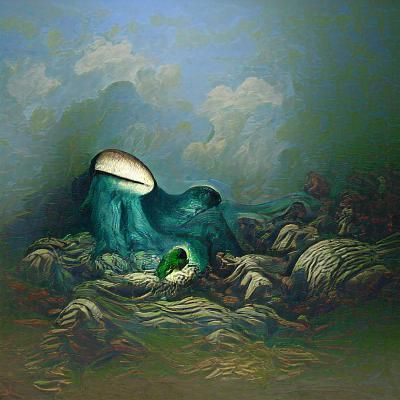 Mushroom Whale in Blue-Green, Dark Fantasy Style