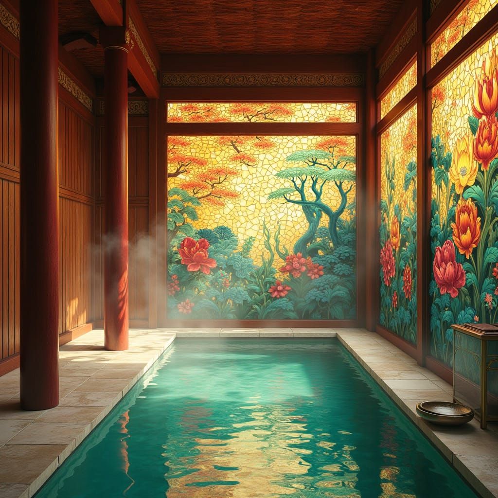 Surreal Bamboo Bathhouse with Intricate Wood Carvings