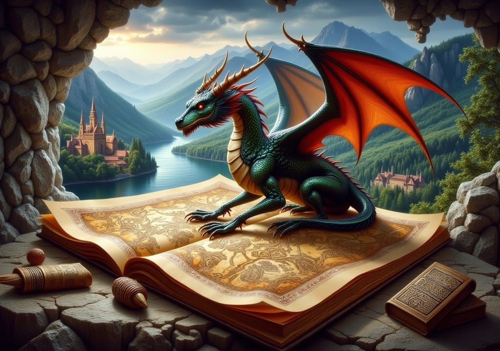 Dragon Guarding Ancient Map Illustration