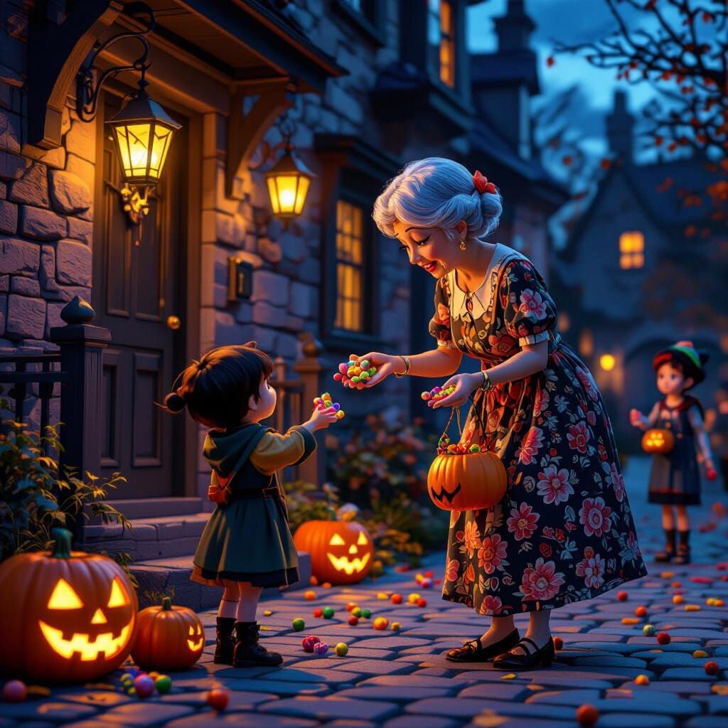 Elderly Woman Gives Candy To Trick-Or-Treaters