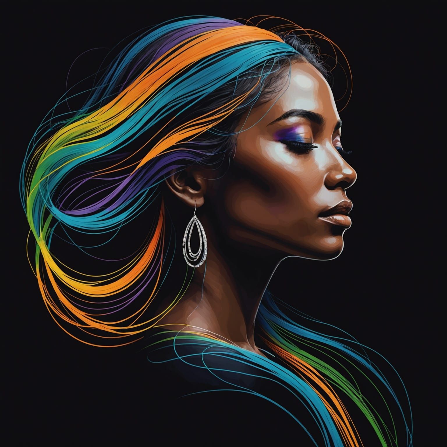 Serene Woman's Profile in Flowing Multicolored Lines