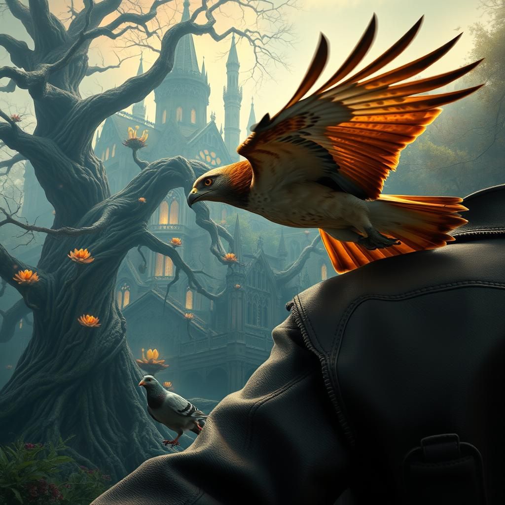 Hawk and Pigeon Chase in a Fantasy World