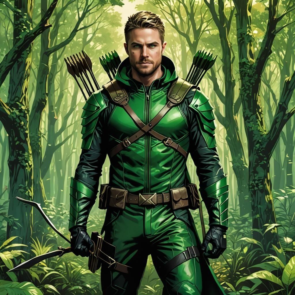 Green Arrow in Emerald Forest: Anime Art