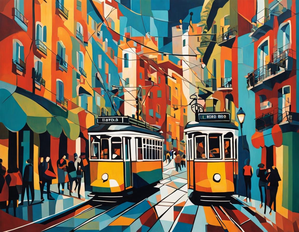 Neo-Cubist Lisbon Street Scene with Iconic Tram