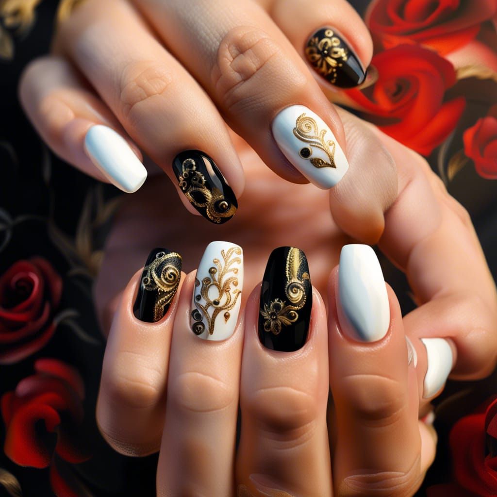 Elegant Black and Red Nail Art in Oil Painting Style