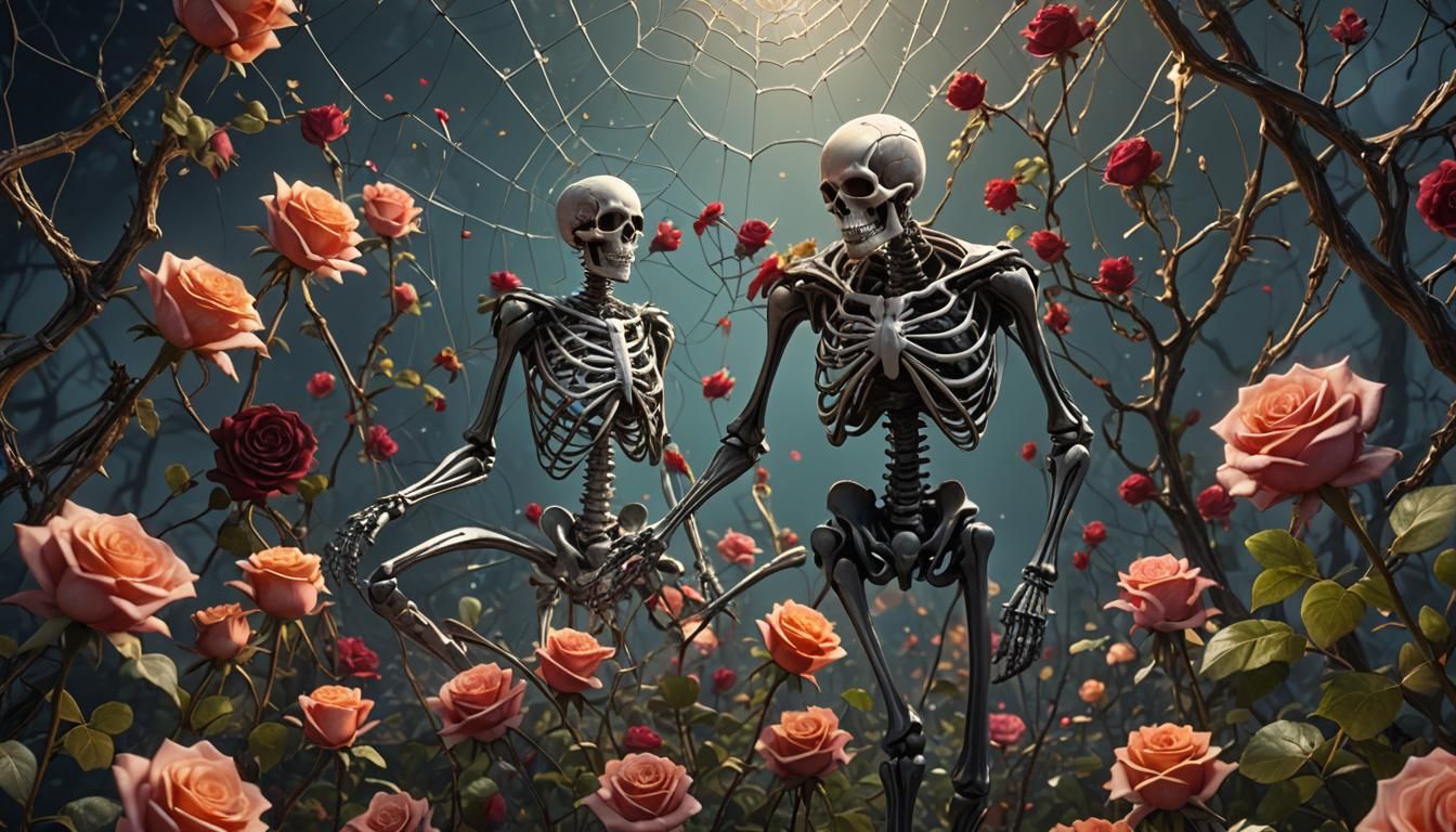 Skeleton in Roses and Spiderwebs: Fantasy Art