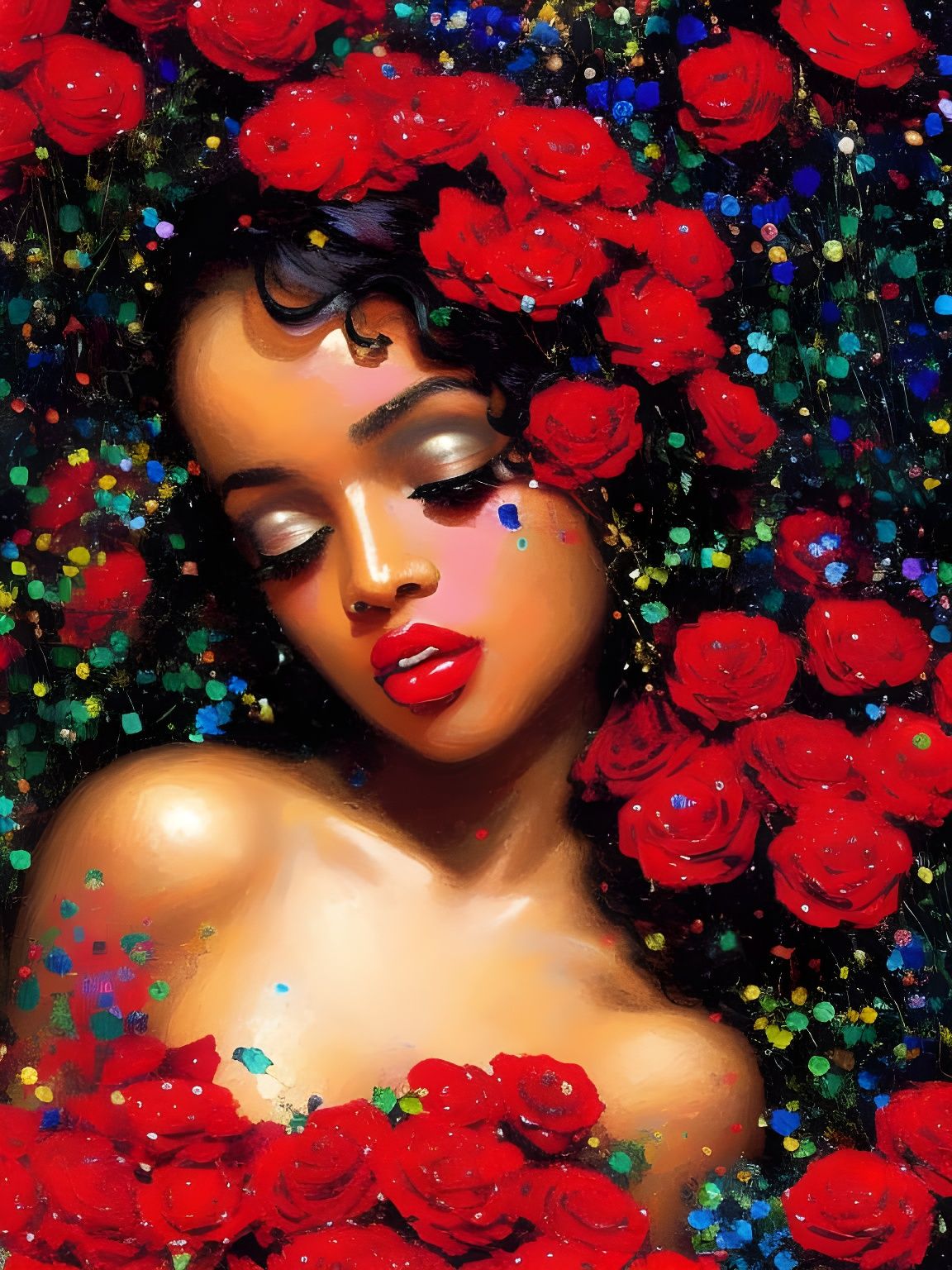 Black Princess in Roses, Pointillism Pop Art Style