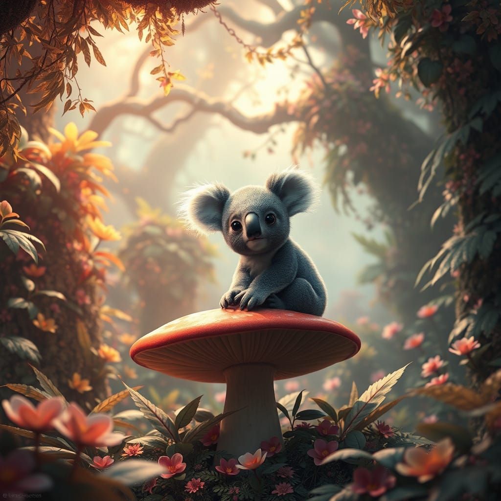Mystical Koala in Whimsical Forest Scene