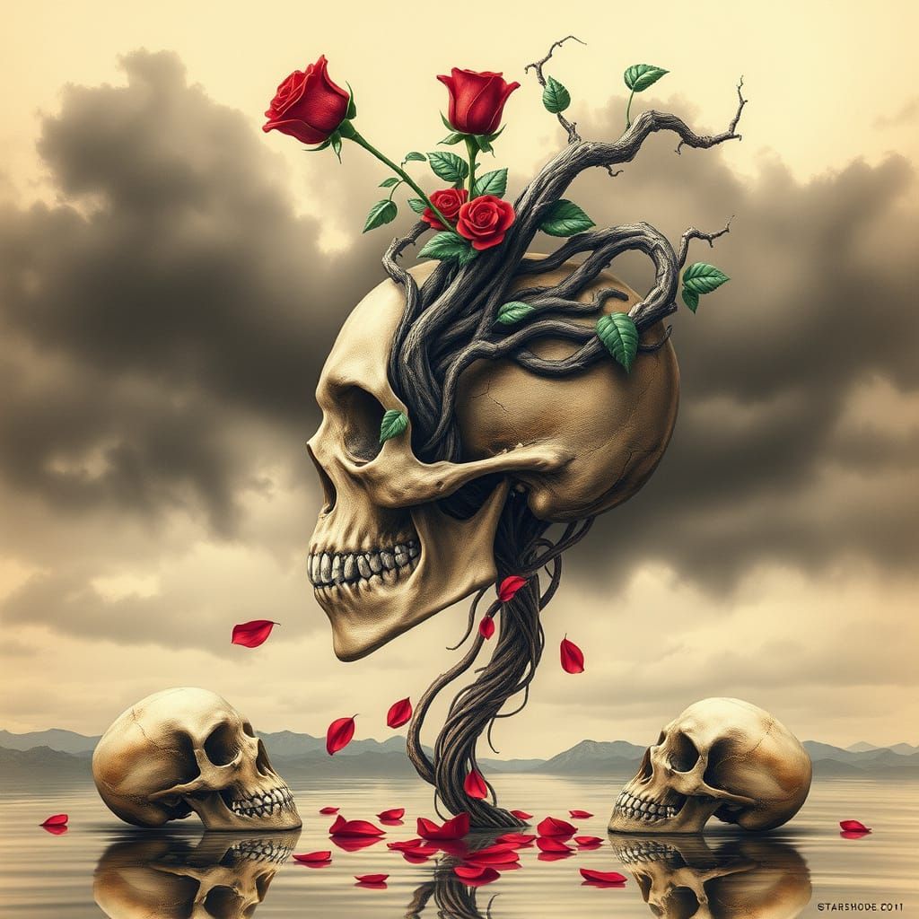 Surreal Skull Amidst Whimsical Tree and Crimson Rose in Dram...