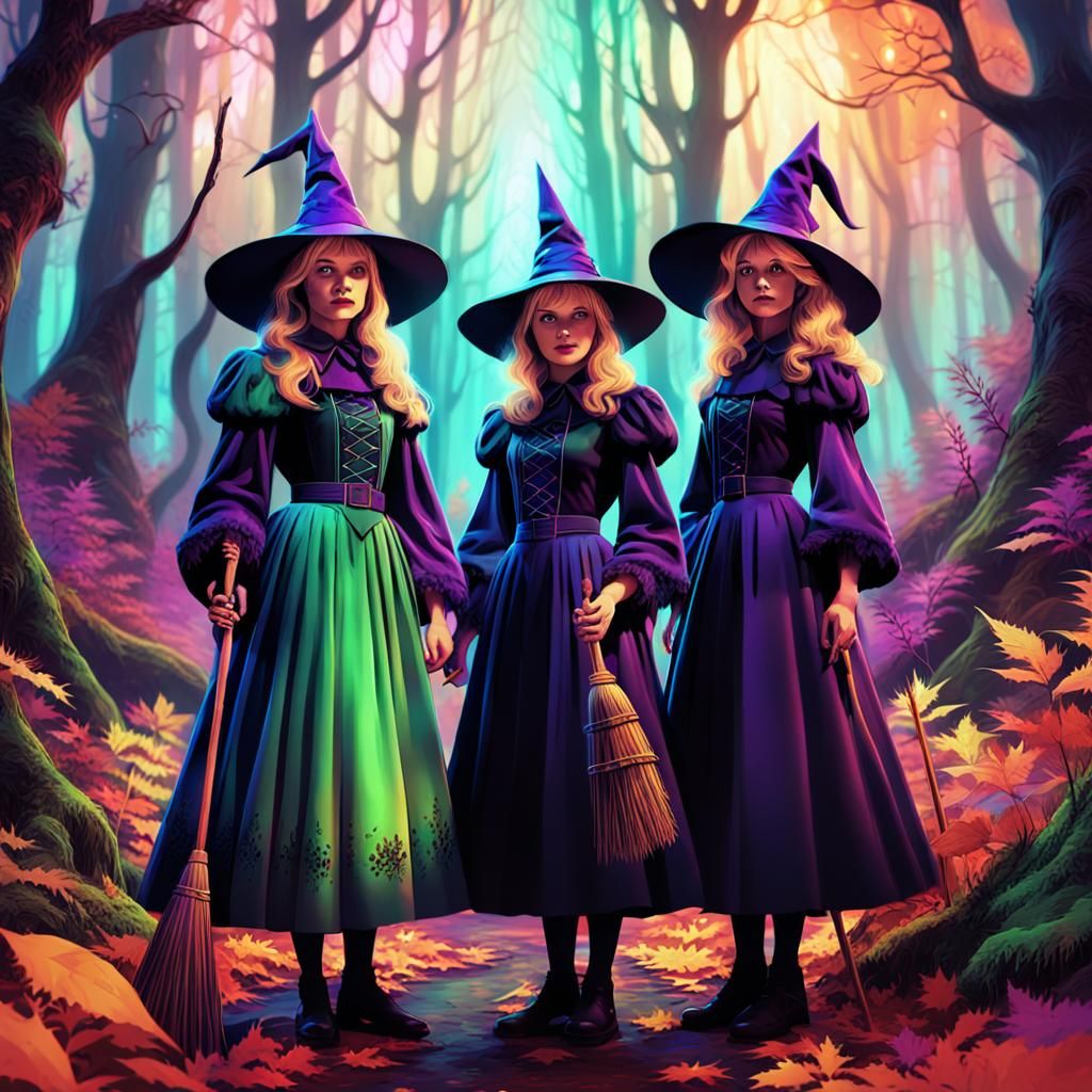 Retro Fantasy Witches in Mystical Forest