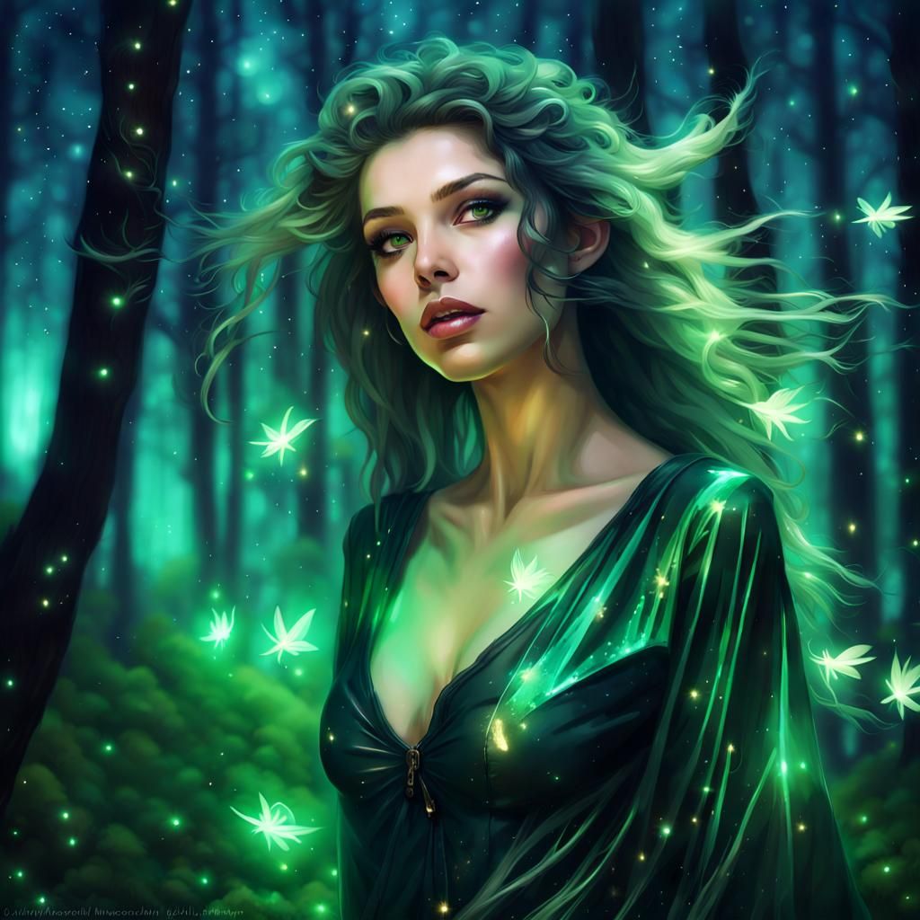 Beautiful Enchantress Portrait in Magical Glowing Forest