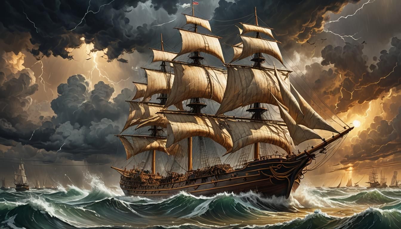 Majestic Sailing Vessel Battles Stormy Waves: Digital Matte ...