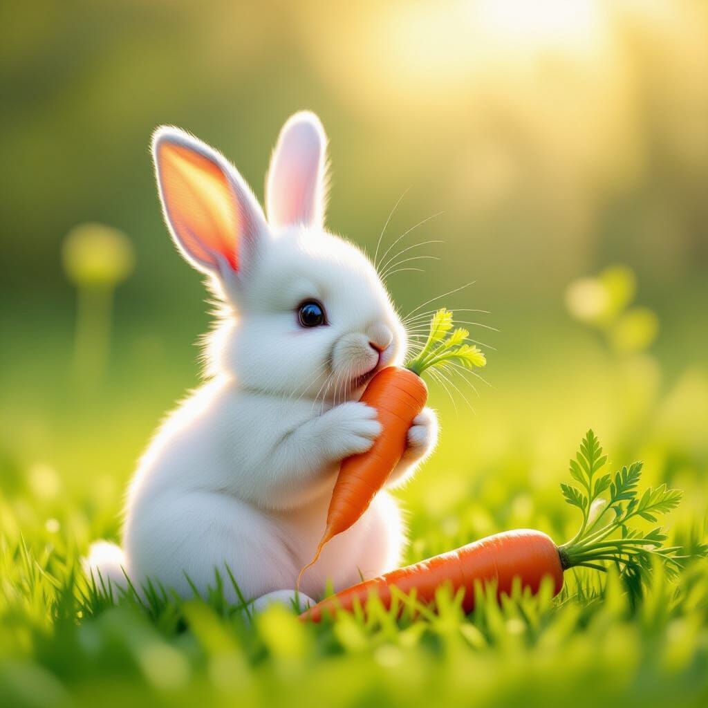 Fluffy Bunny Enjoys Carrot in Golden Hour Meadow