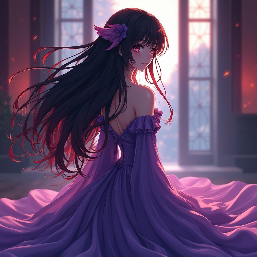 Anime Goddess with Lavender Hair and Wings in Elegant Purple...