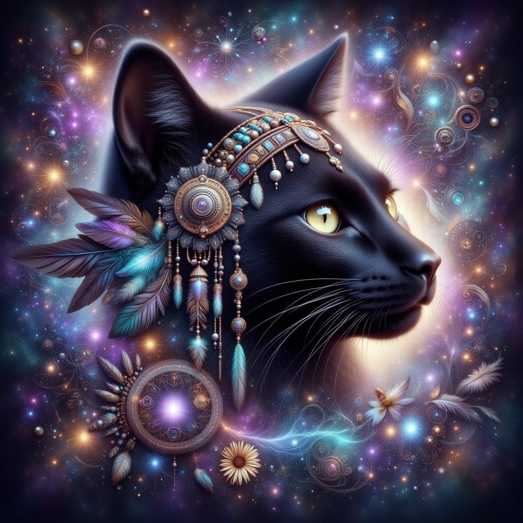 Cosmic Black Cat in Ethereal Surroundings
