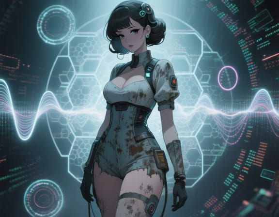 Anime Pin-Up Girl in Digital Decay, Quantum Waves