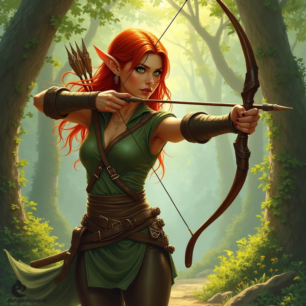 Wood Elf Ranger in Forest, Fantasy Art Style