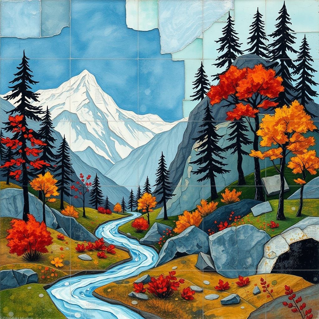 Ethereal Impressionistic Mountain Landscape in Mixed Media