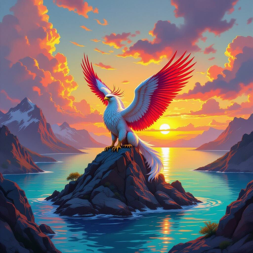 Griffin on Mountain Island at Sunset