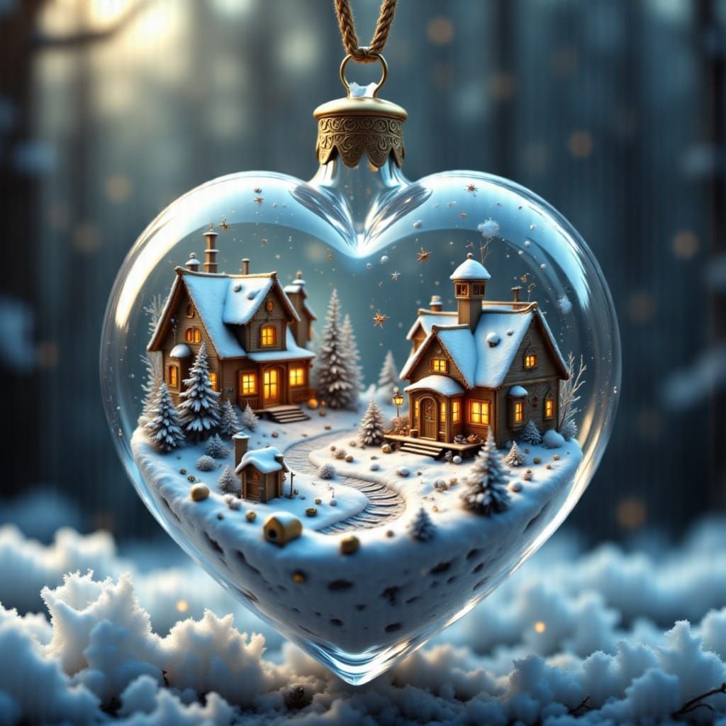 Winter Village Inside Glass Heart Ornament