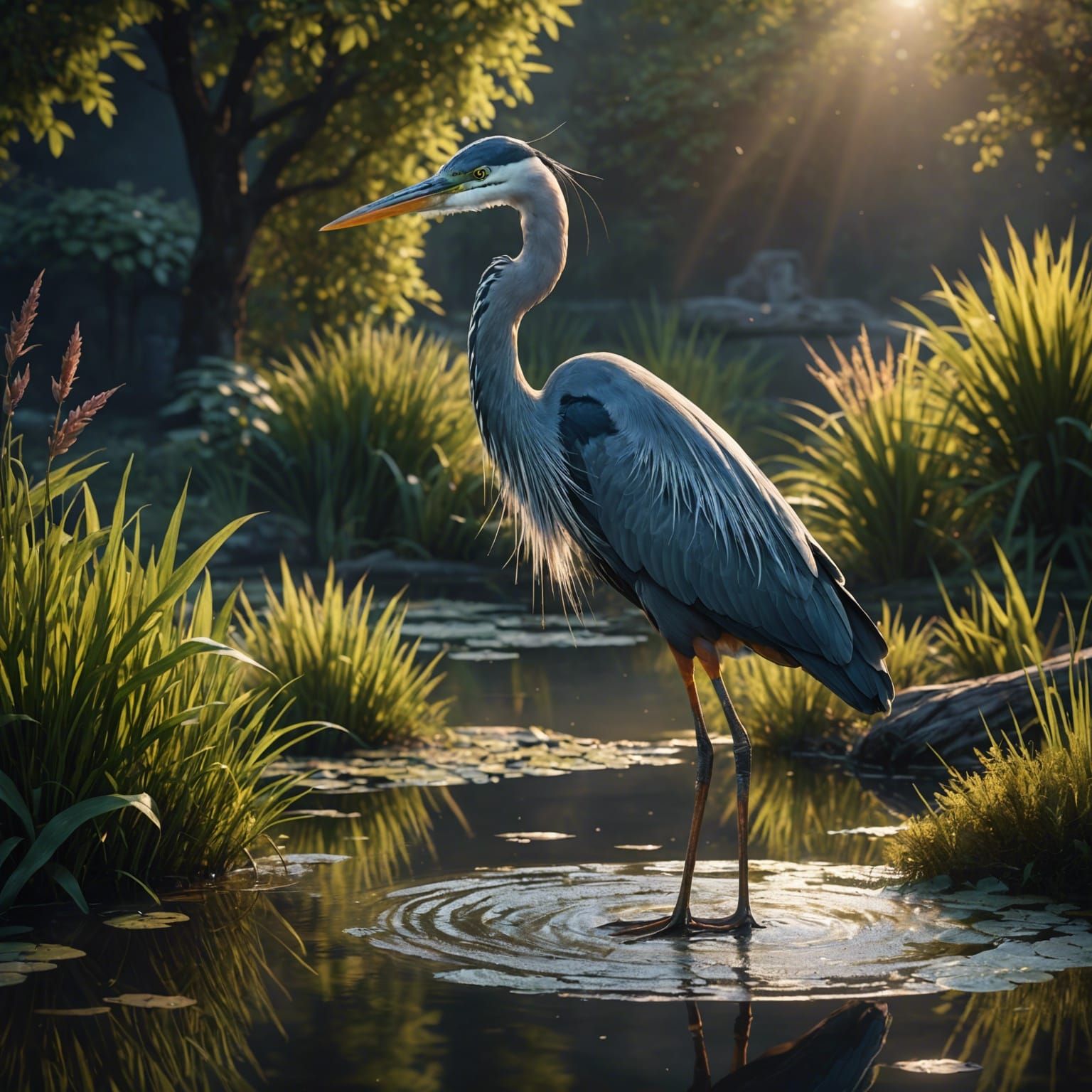 Heron in Pond at Sunrise: Detailed Matte Painting