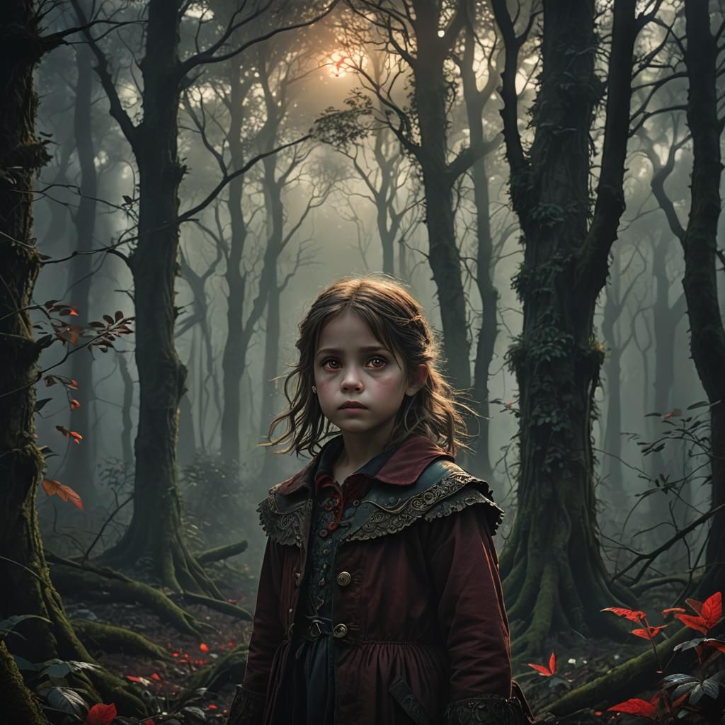 Lost Girl in Dark Forest Digital Painting
