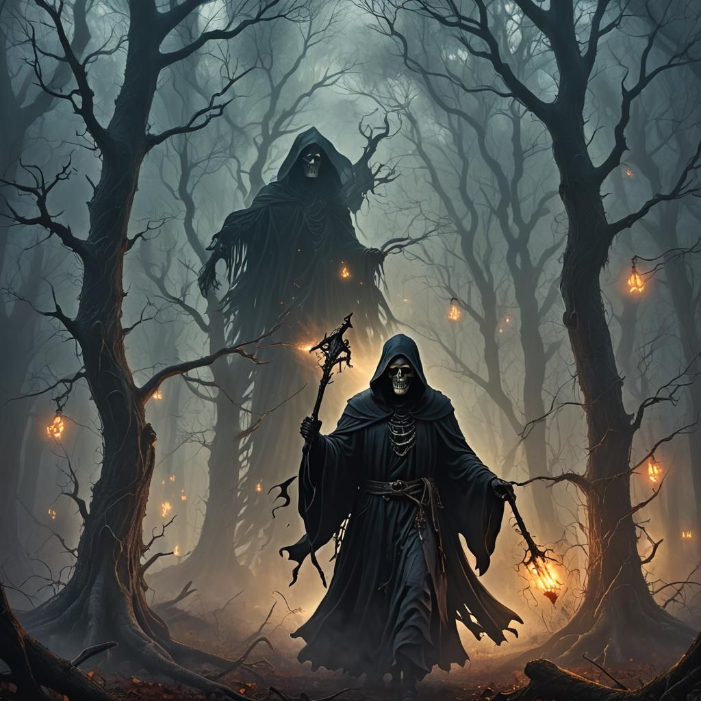 Grim Reaper Guides Souls in Gothic Horror Forest