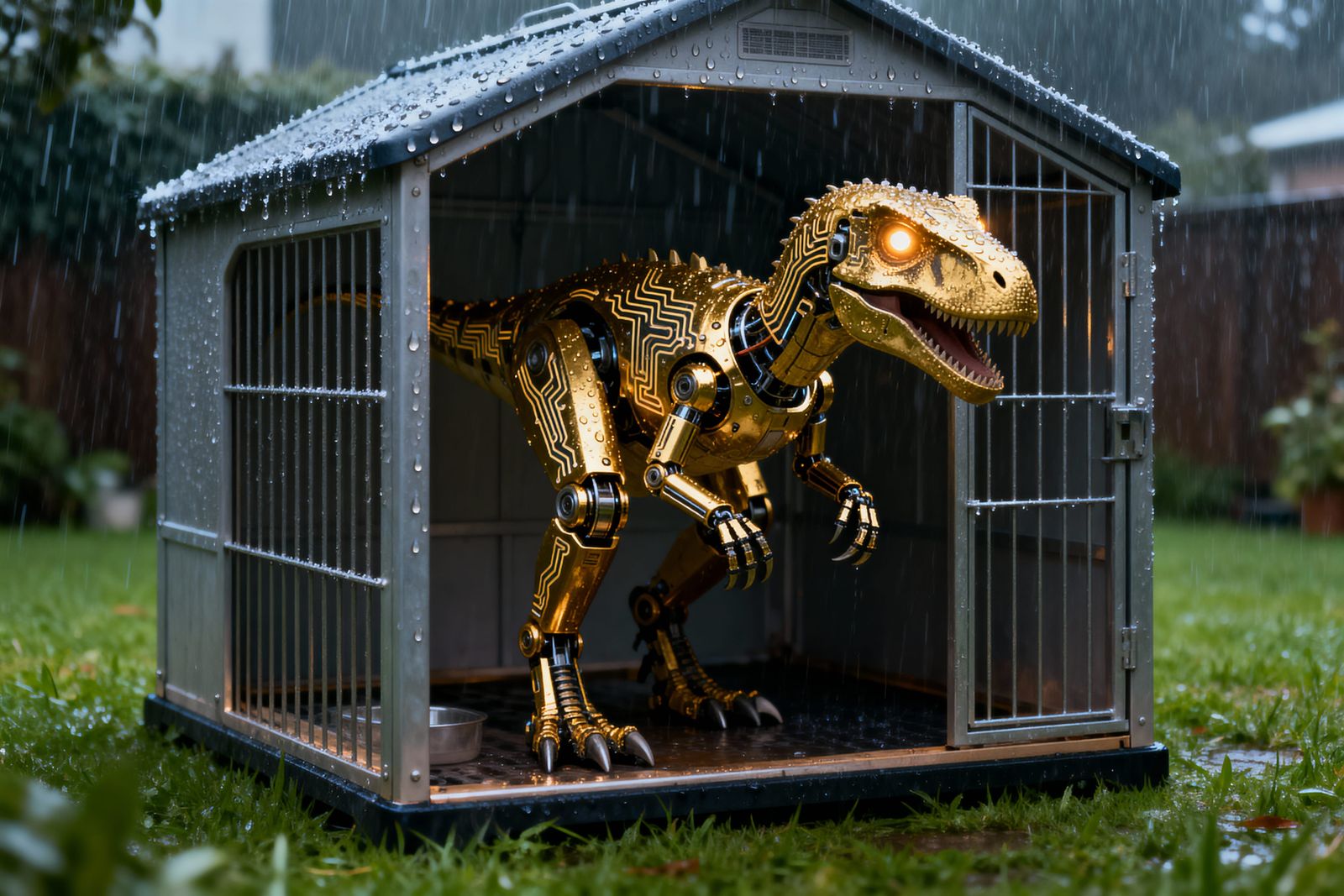 Golden Mechanical Velociraptor in Rain Shower