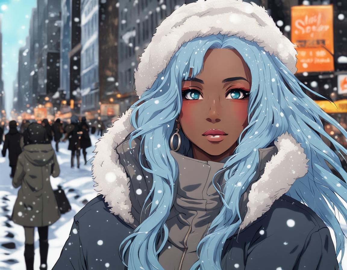 Anime-Style Black Woman in New York Winter