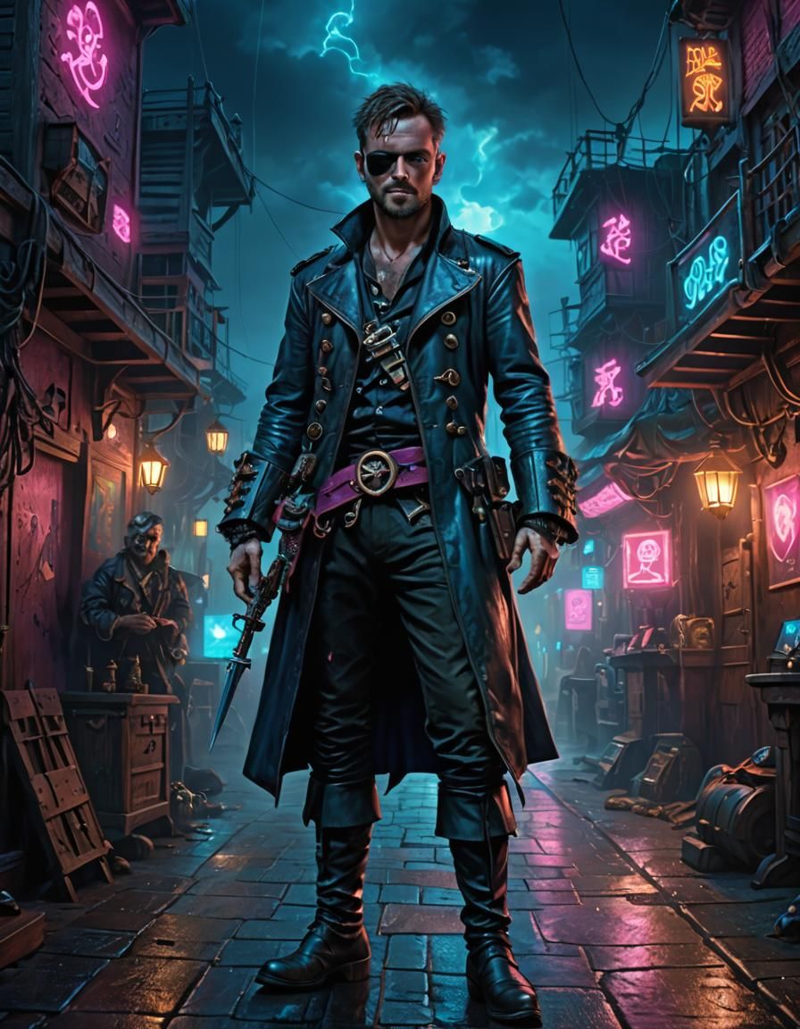 Cute Pirate Man in Leather, Blade Runner Style