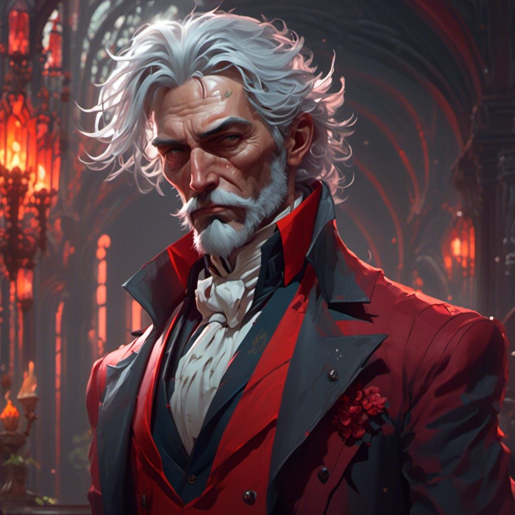 Sinister Pale Man in Red Suit, Hyperdetailed Portrait