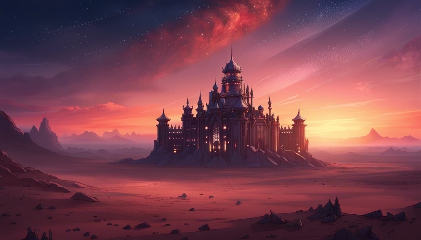 Anime Palace in Desert Under Starry Sunset