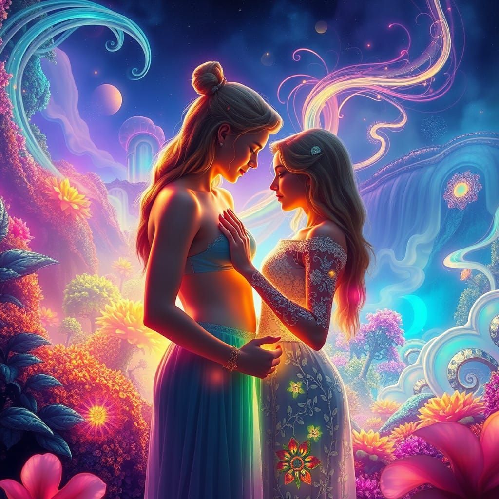 Surreal Lesbian Couple Embracing in Vibrant, Iridescent Land...