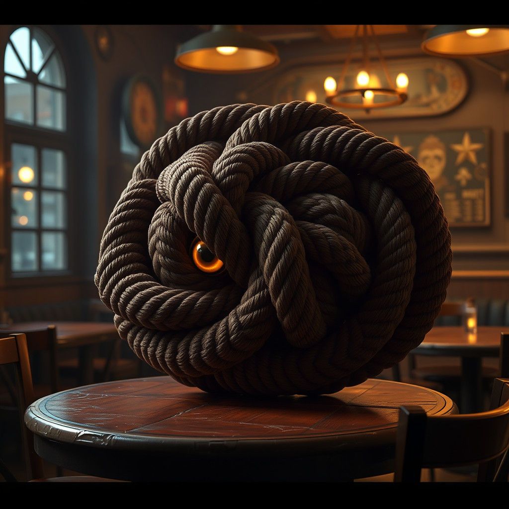 Giant-Eyed Knot Rope in Cozy Cafe: Photorealistic Render