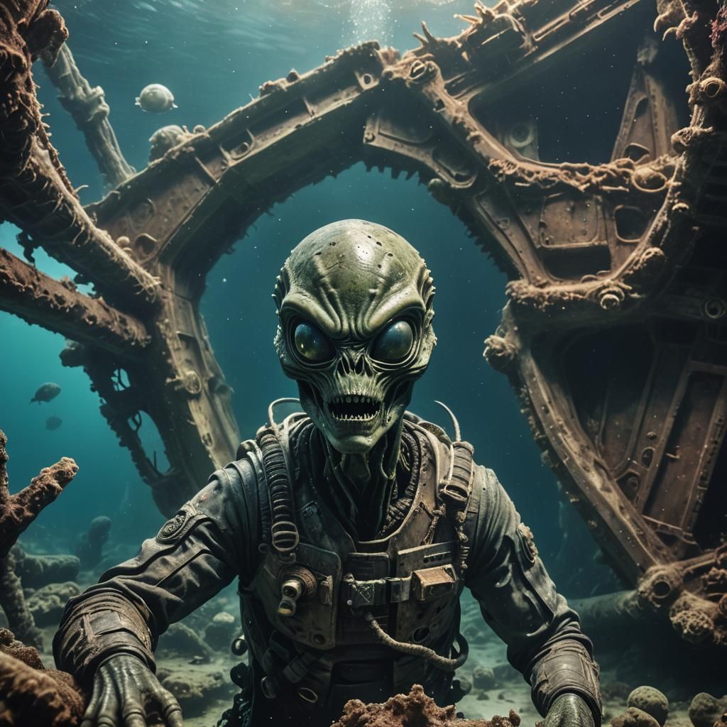 Alien is somehow able to breathe in this underwater shipwrec...