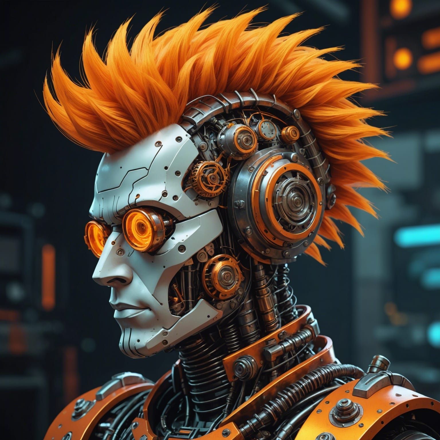 Steampunk Robot Punk with Neon Mohawk in Digital Art