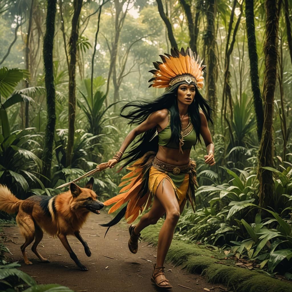 Brazilian Woman Running with Wolf in Jungle Film Still