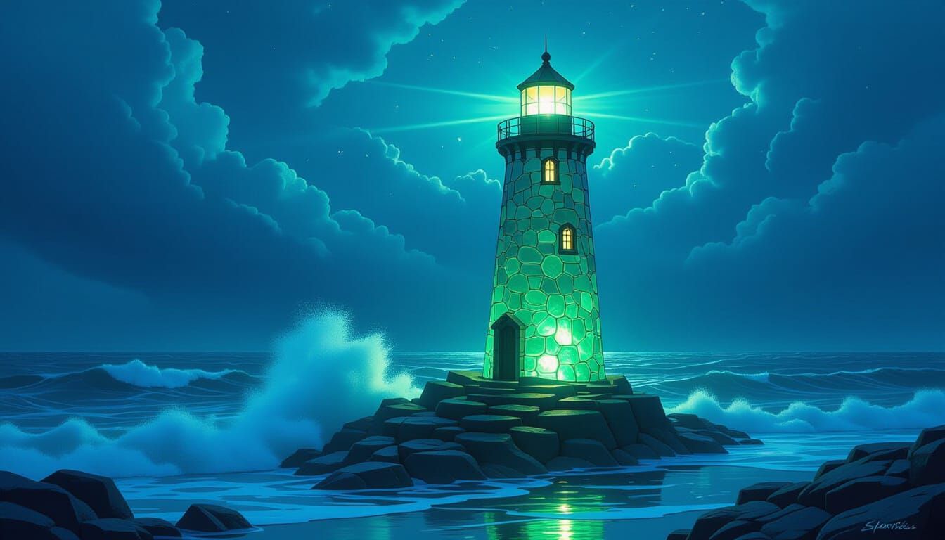 Ethereal Sea Glass Lighthouse on Stormy Ocean