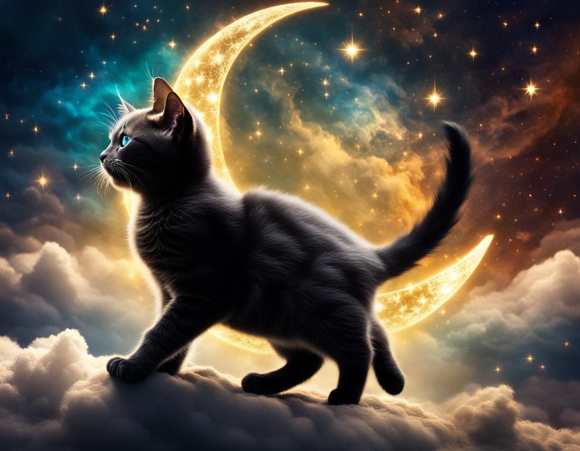 Celestial Kitten Among Spiraling Clouds and Gold Dust