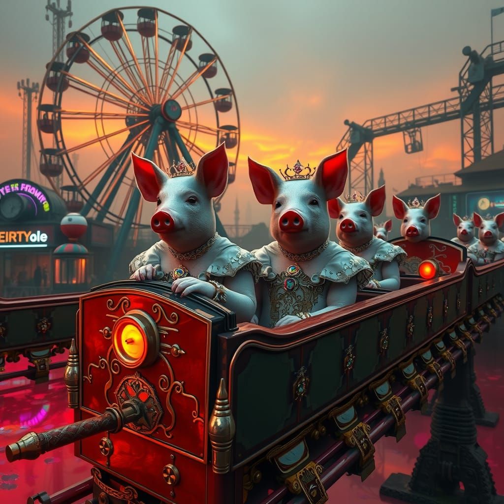 Regal Pig Princesses in Gothic Amusement Park, Hyperrealisti...