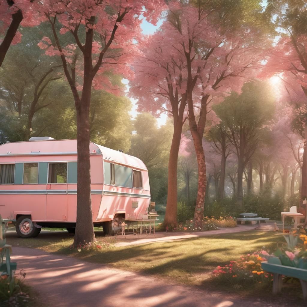 Pink Caravan Campsite: Pastel Digital Art
