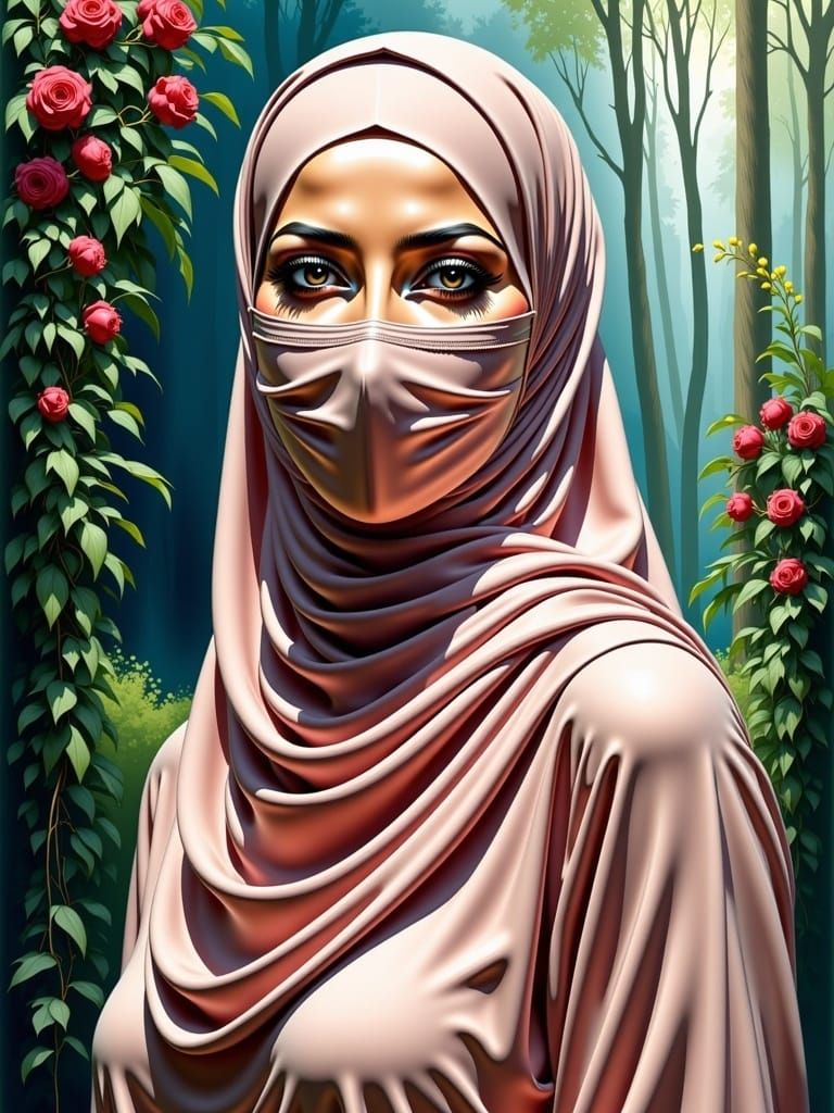 European Woman in Hijab and Mask, Comic Book Art