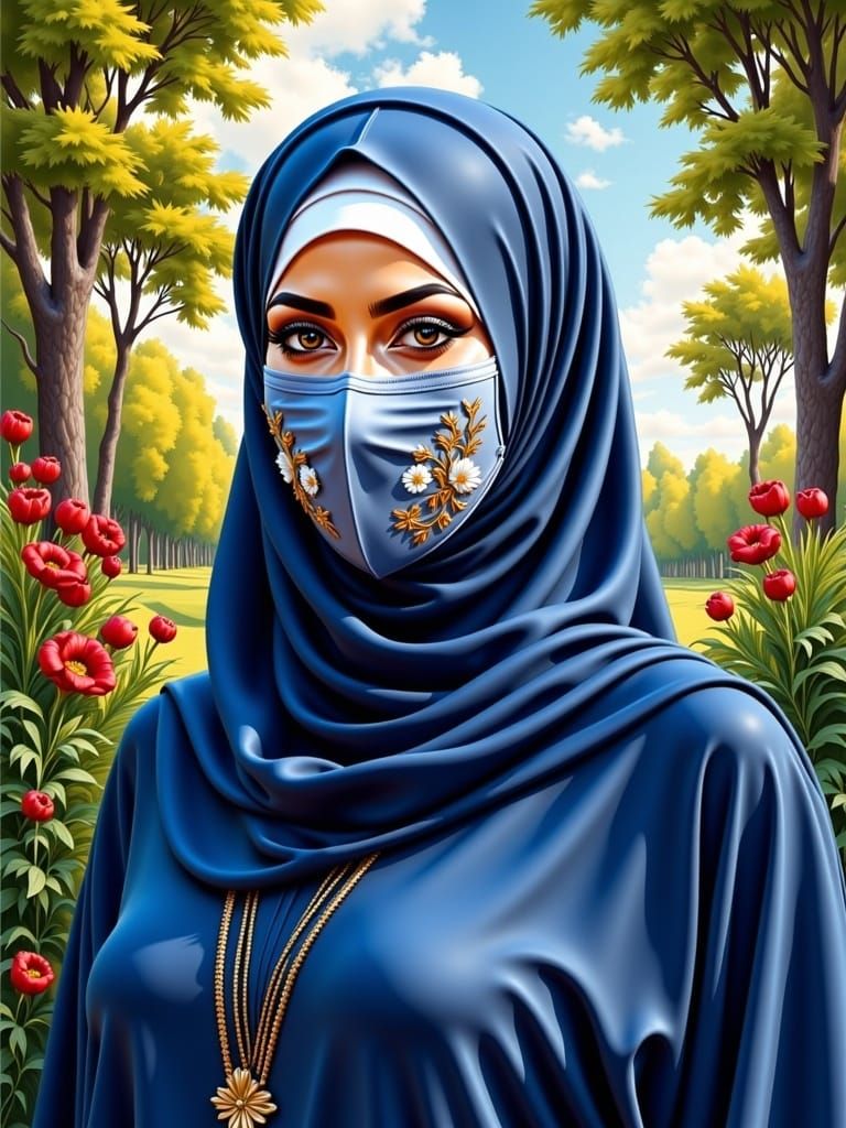 European Hijabi Woman in Mystic Garden, Comic Book Art