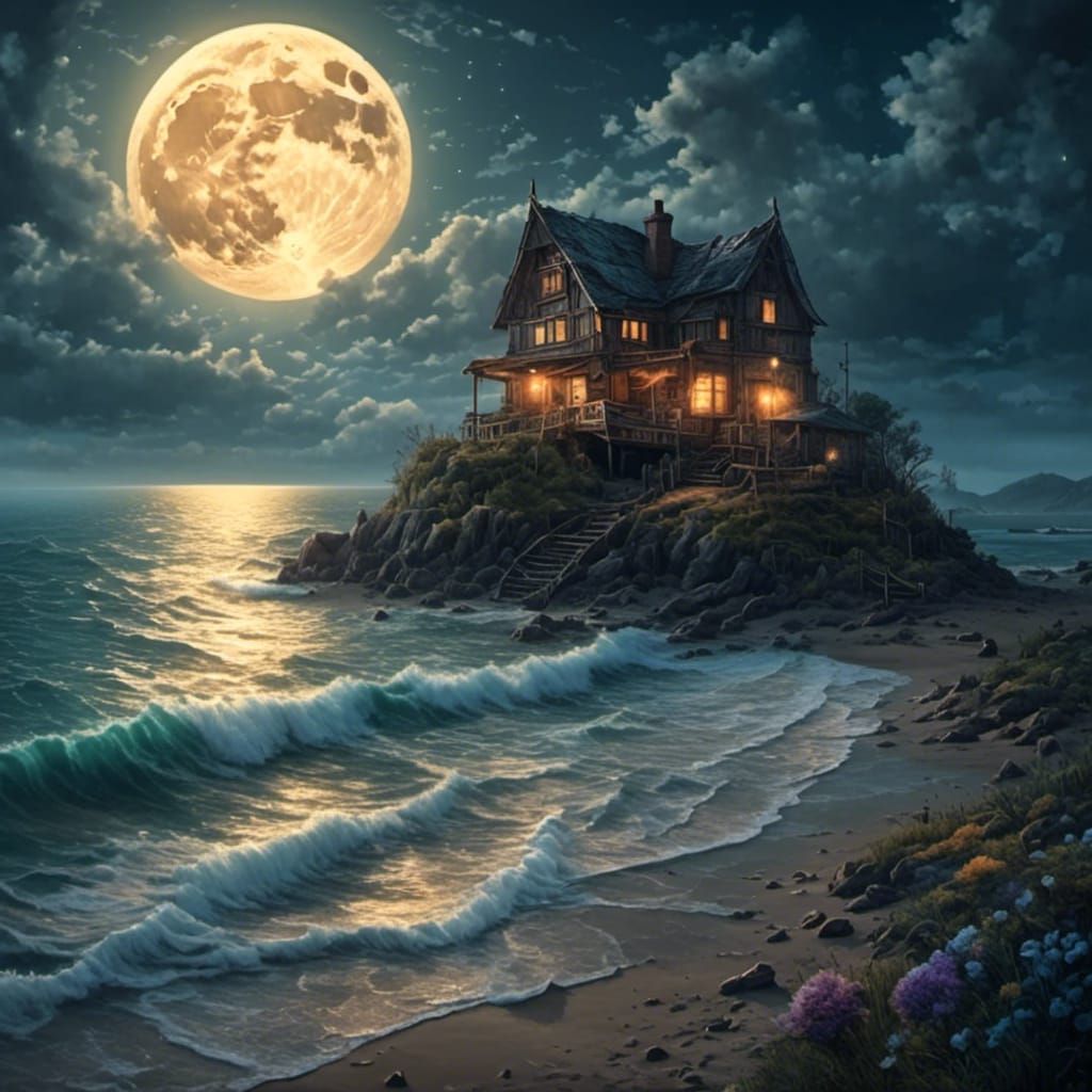 Lonely House Under Full Moon: Hyperreal Seashore