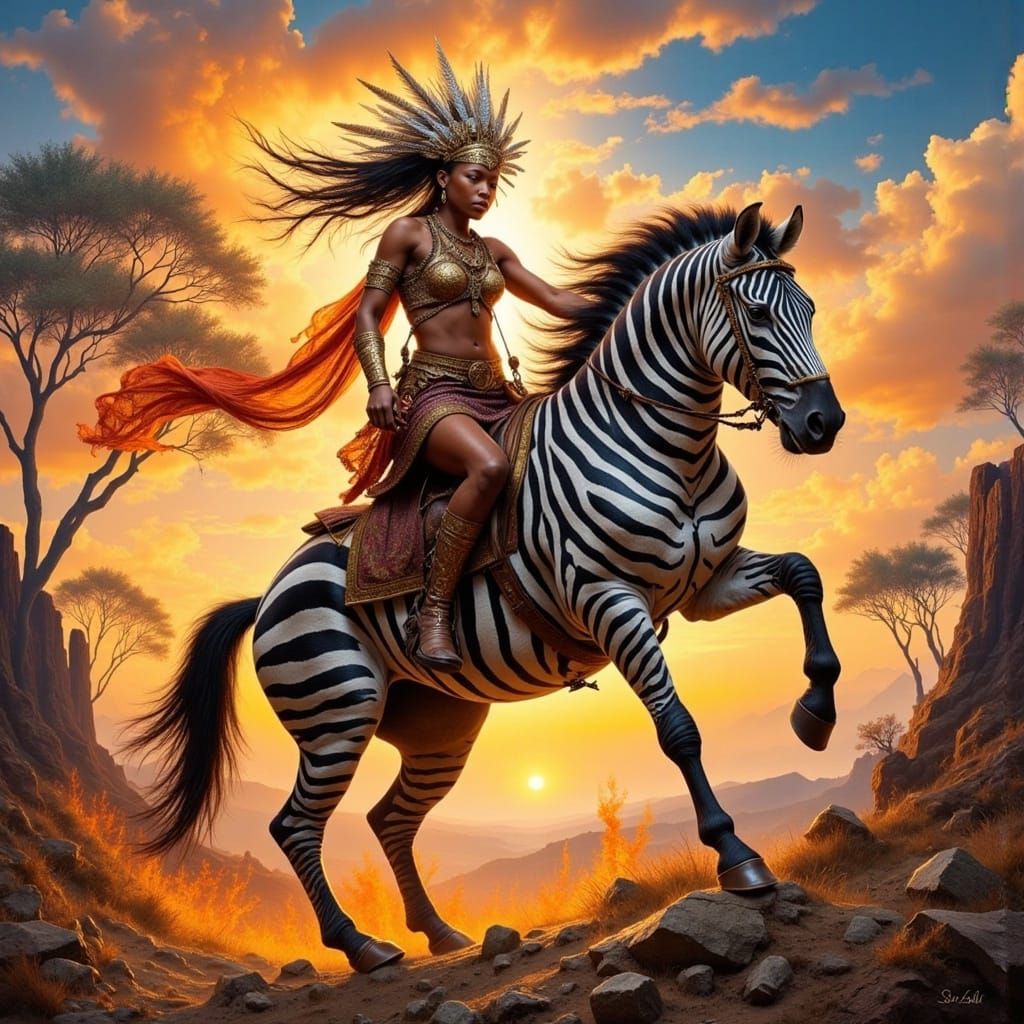 African Warrior Princess Rides Majestic Zebra in Fractal Sun...