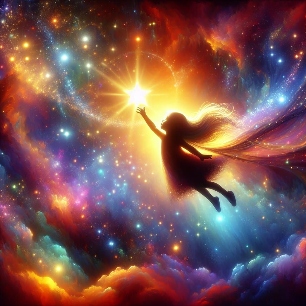 Girl Silhouette Flying in Dreamy Magical Space