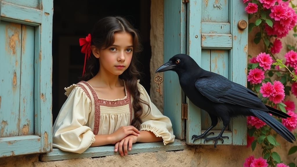 Italian Girl and Crow in Pre-Raphaelite Style