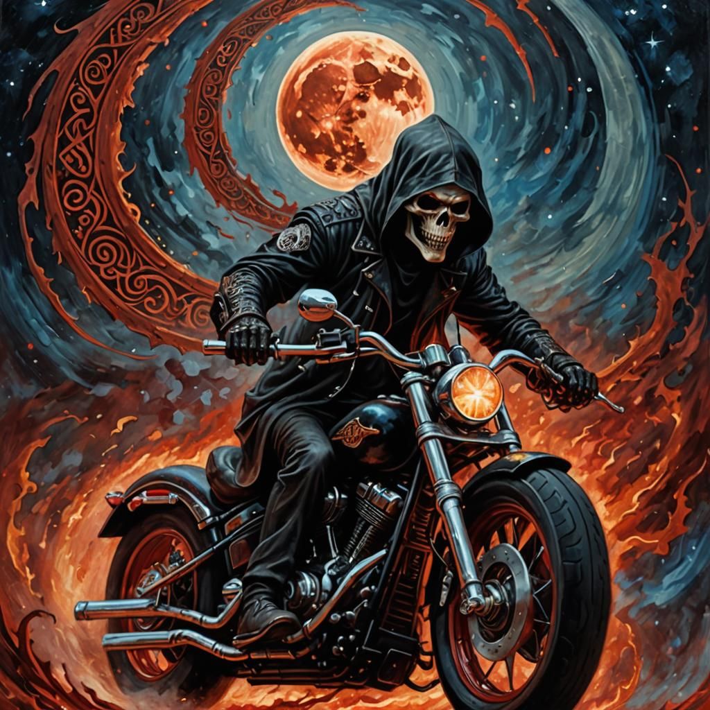 Grim Reaper Rides Harley in Dark Fantasy Oil Painting