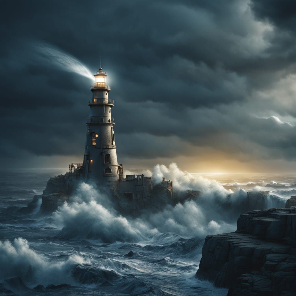 Steampunk Lighthouse Shines in Raging Storm