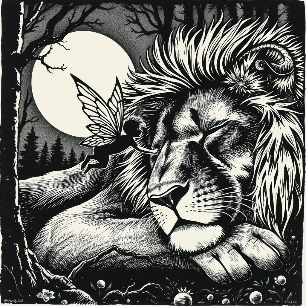 Pixie Whispering to Lion: Linocut Close-up
